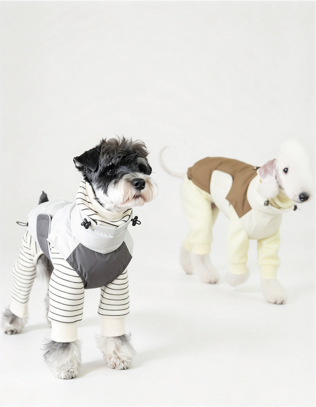 Schnauzer and Wellington wearing CHISUPET 80% white duck down dog vests for cold weather walks