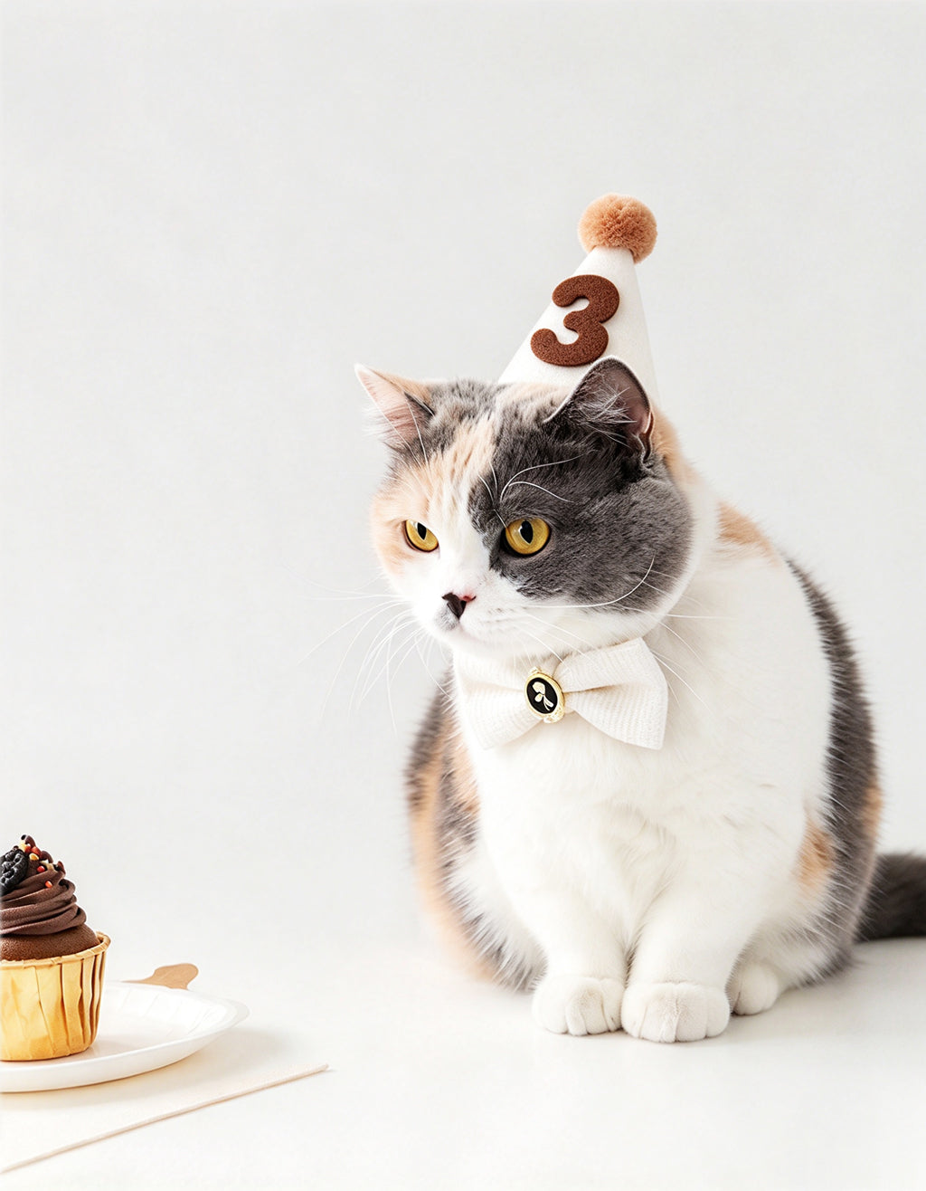 cat wearing soft felt birthday hat and matching collar accessory set for birthday celebration