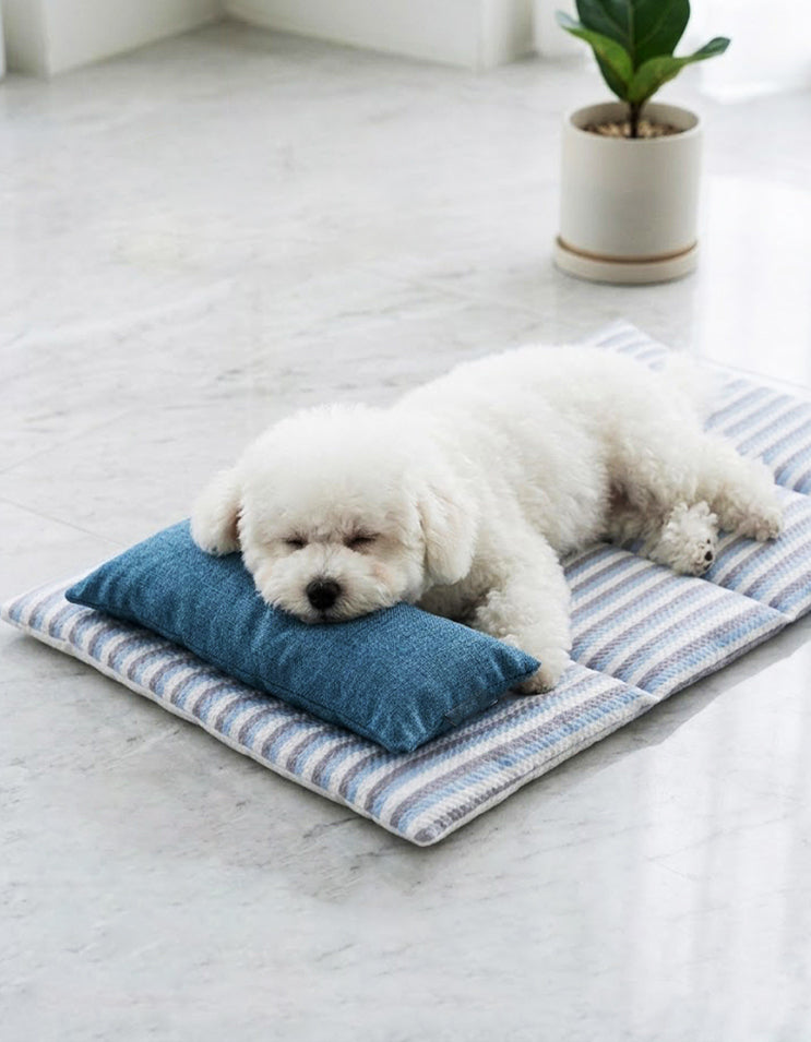 Dog curled up and sleeping on a soft cooling pet mat with temperature-regulating fabric