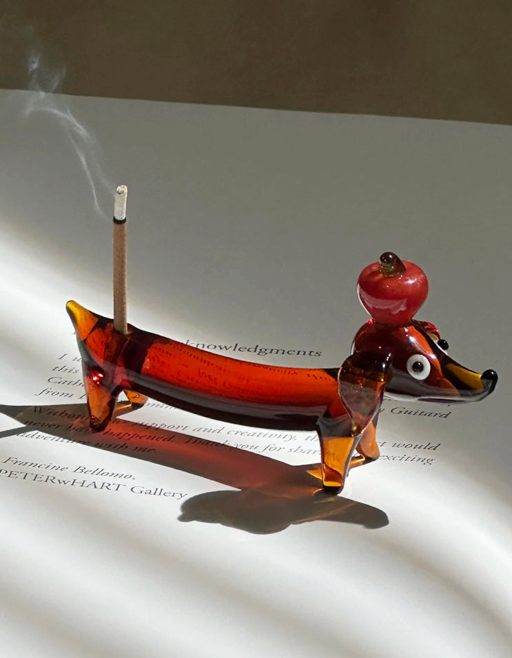 Handcrafted glass dachshund incense holder, elegant and playful home decor for aromatherapy lovers