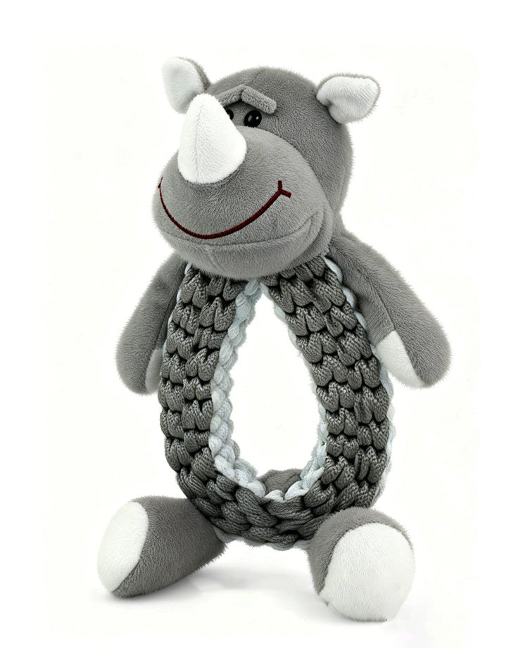 Rhino shaped dog rope toy designed for aggressive chewers with built-in squeaker