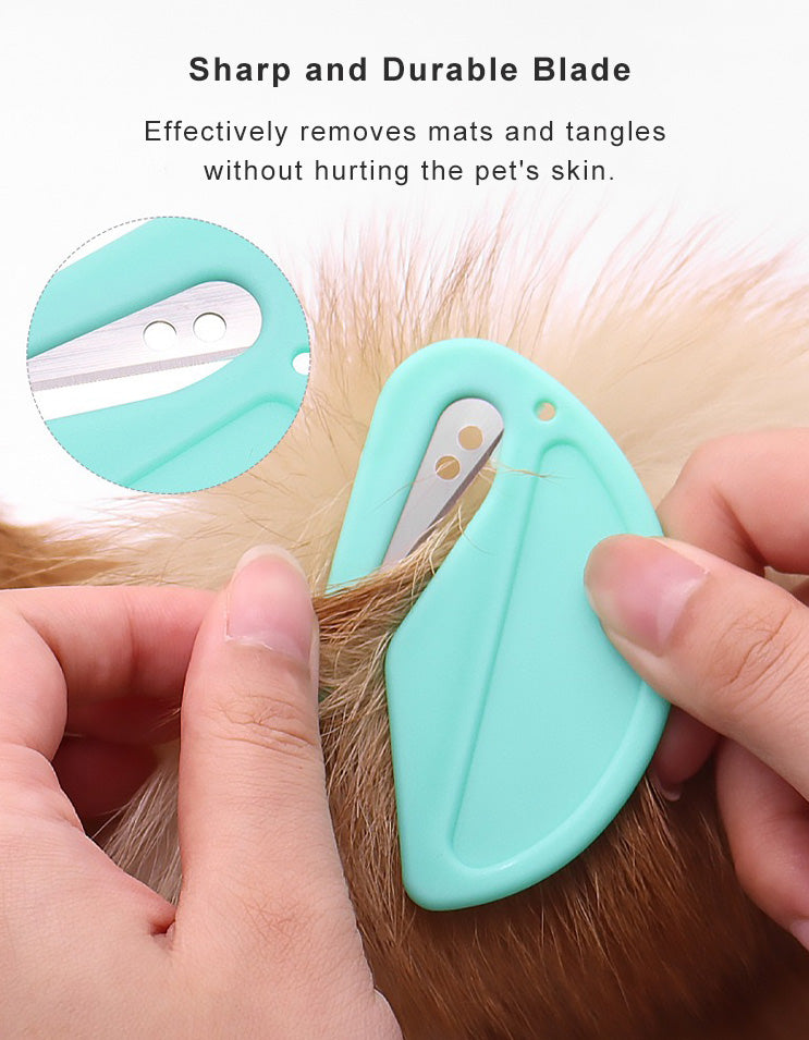 Close-up of de-matting tool cutting through matted fur without pulling or hurting the pet