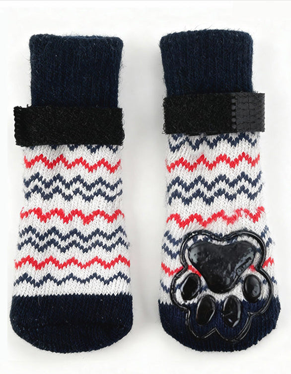 WarmStay extended cotton dog socks featuring striped knit pattern, long-leg design, and anti-slip sole.