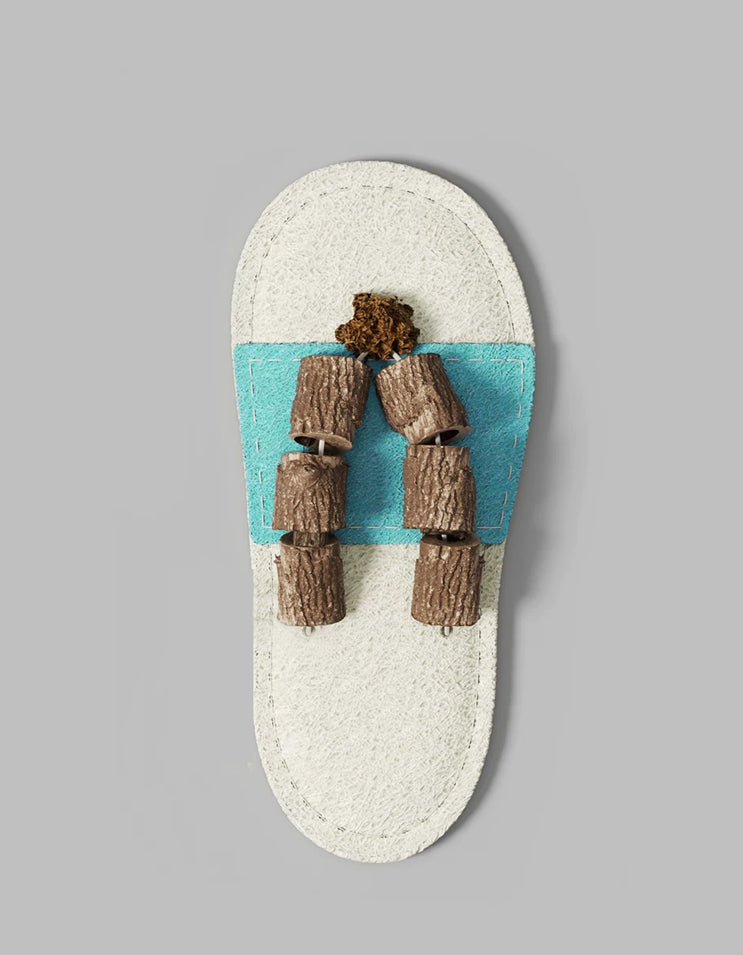 White and blue cat slipper luffa chew toy with silver vine