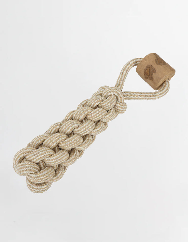 Corn-shaped dog rope toy with coffee wood and tightly woven cotton rope texture
