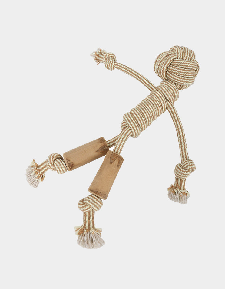Knot shaped rope doll toy made with tightly braided cotton rope and natural wood