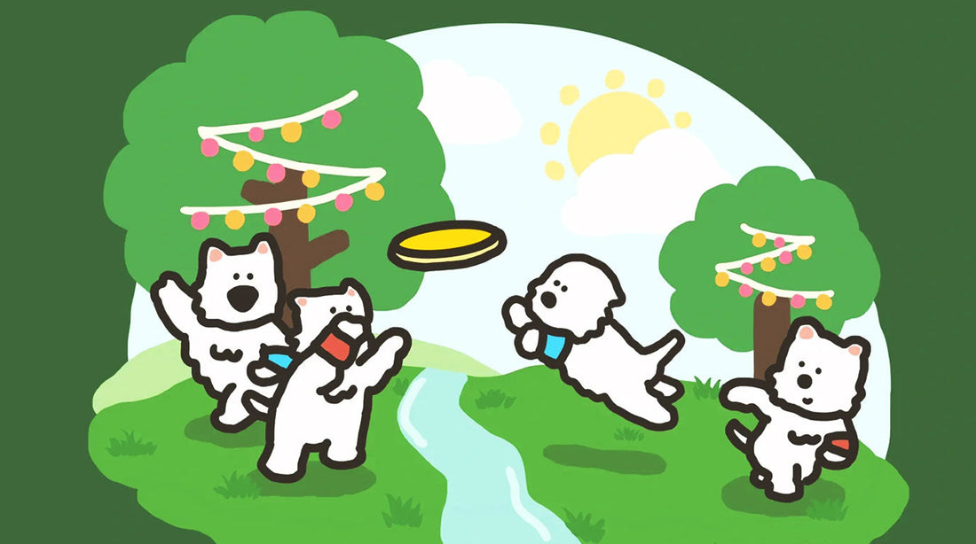 A cute illustration of white dogs jumping and catching a yellow flying disc in a sunny park, representing the balance of fun and structure in dog play.