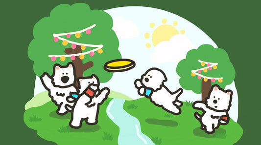 A cute illustration of white dogs jumping and catching a yellow flying disc in a sunny park, representing the balance of fun and structure in dog play.