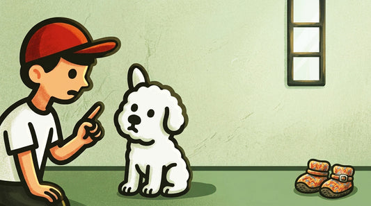 A dog owner gently training their pup to wear protective dog boots outdoors using positive reinforcement rewards.