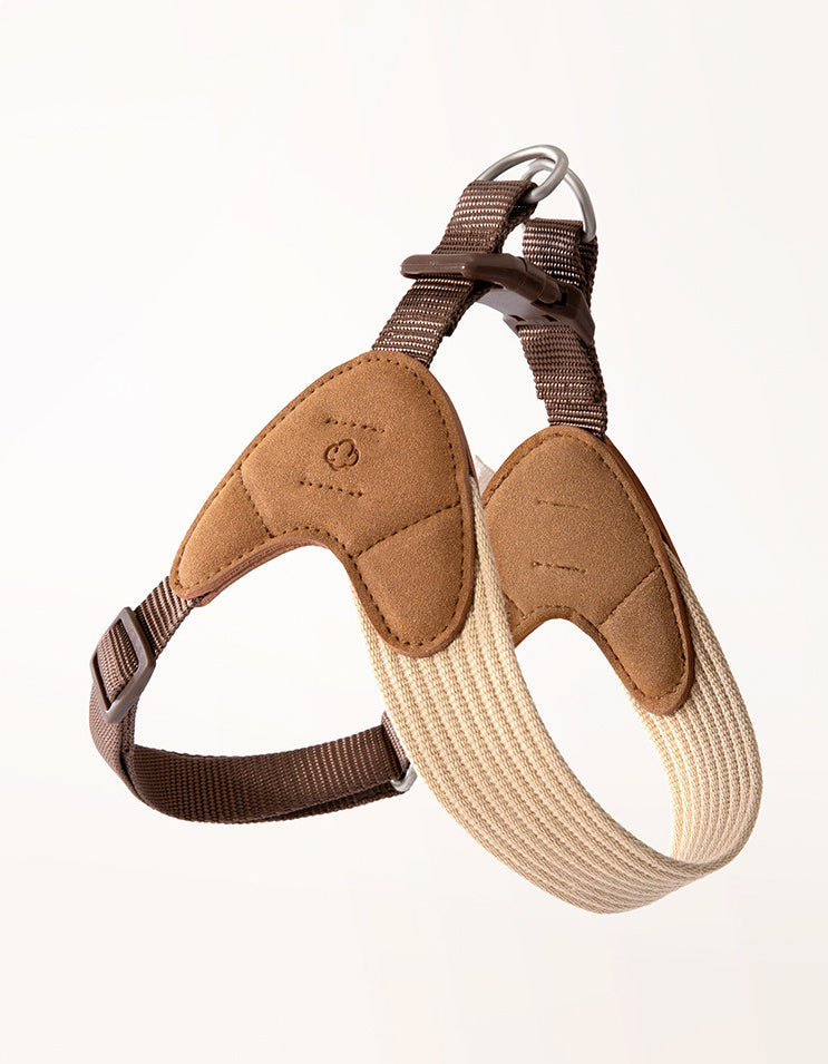 Adjustable dog chest harness showing secure fit around neck and chest for small dogs