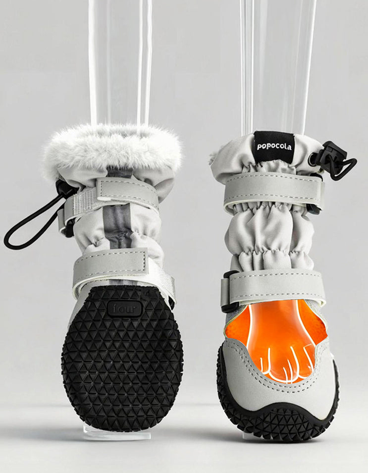 Adjustable straps and drawstring system on long dog snow boots for a snug and secure fit