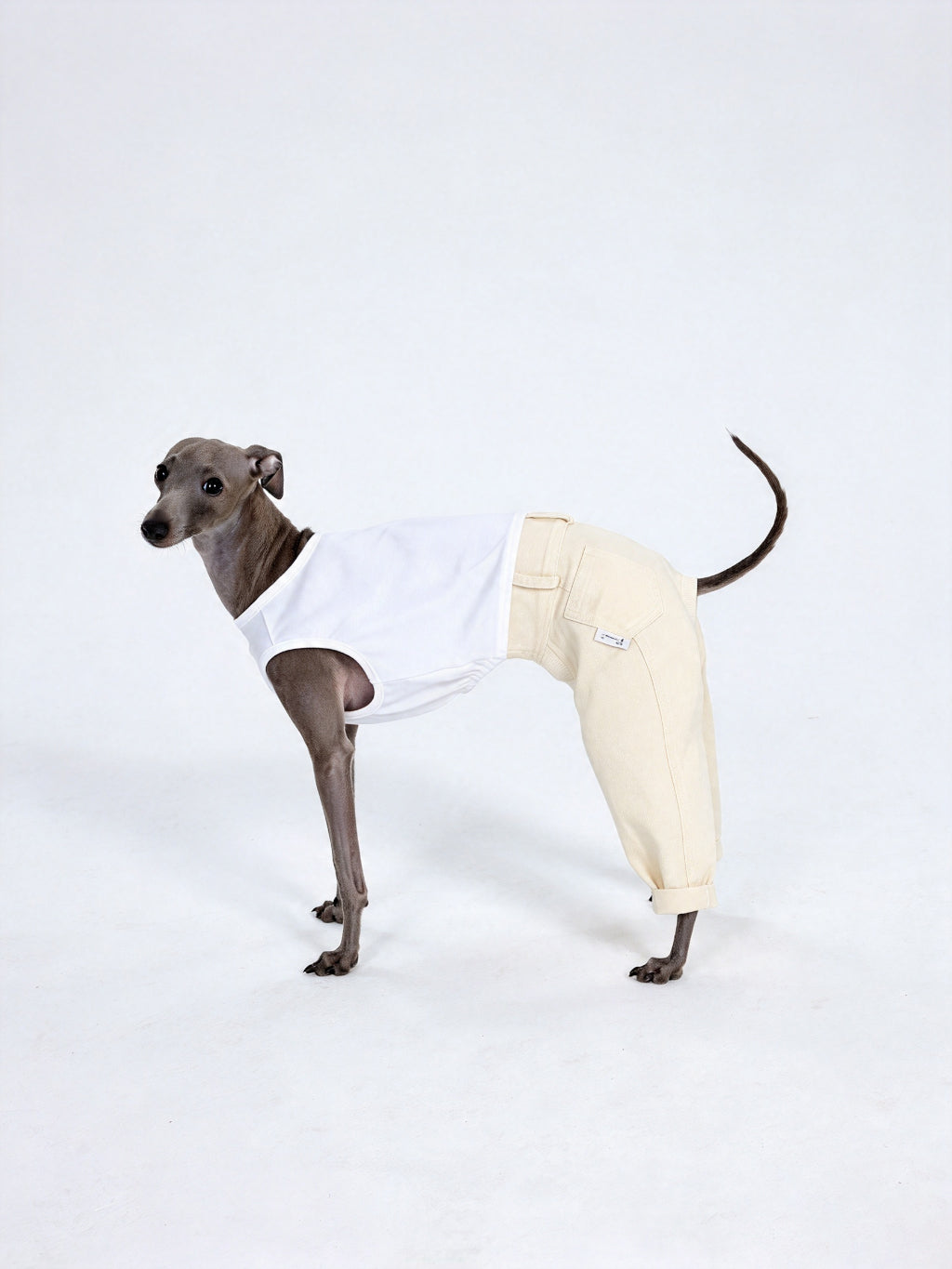 CHISUPET apricot pet denim overalls with a clean, rhinestone-free pant hem