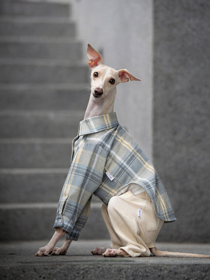 Dog wearing apricot CHISUPET pet denim overalls with a clean, rhinestone-free hem