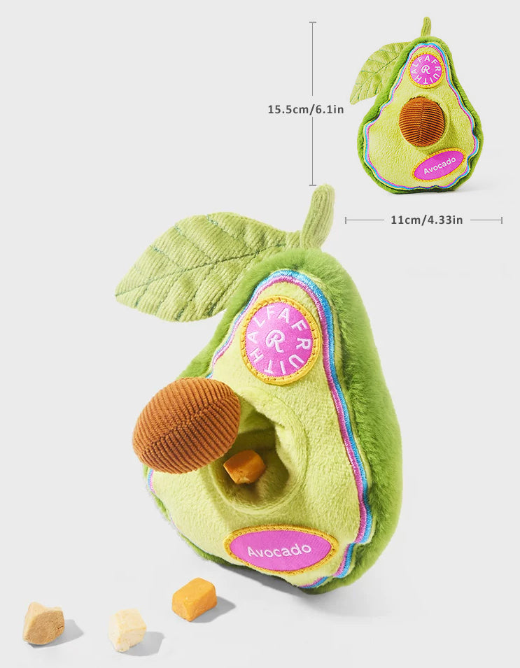Avocado-shaped enrichment snuffle toy for dogs designed for treat hiding, sniffing and interactive play.