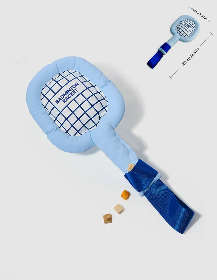 Badminton racket shaped enrichment toy for pets designed for sniffing and tug play