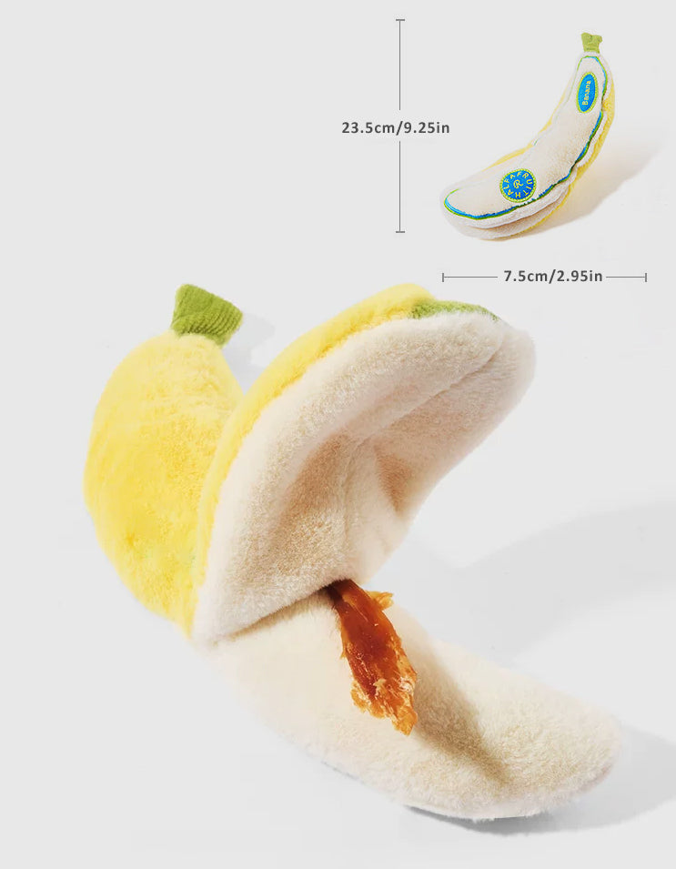 Banana-shaped sniffing toy for dogs designed for interactive enrichment and treat play