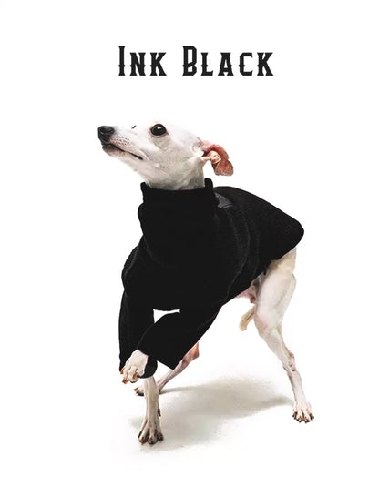 Dog wearing CHISU CozyFleece black fleece suit designed for warmth, softness, and winter comfort.