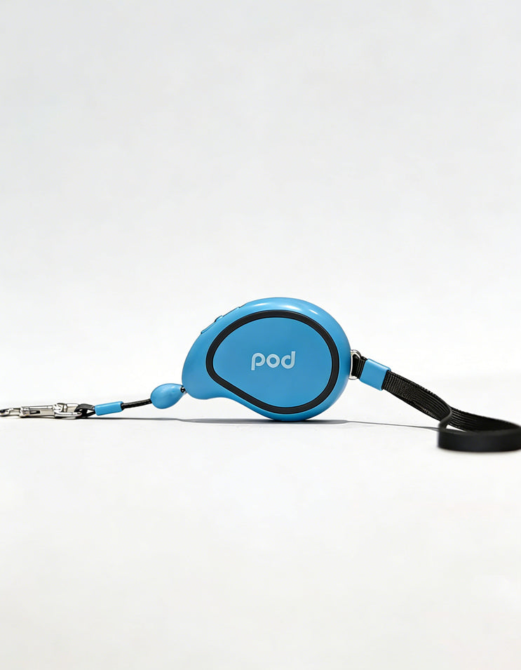Close-up of blue mango-shaped retractable leash with smooth casing and compact size