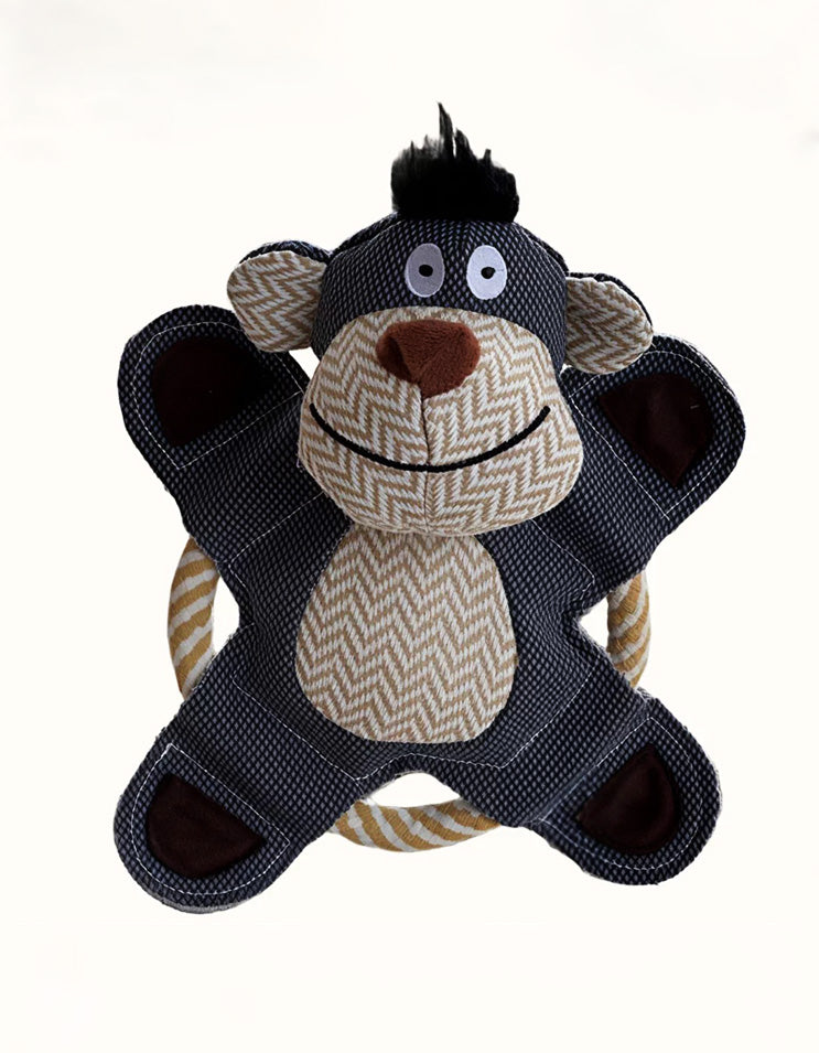 Blue monkey dog enrichment toy combining fetch disc and tug rope function