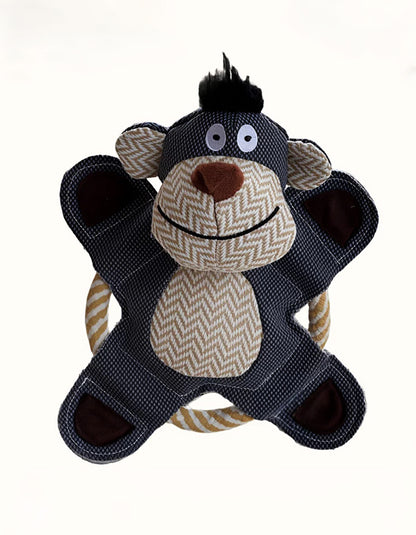 Blue monkey dog enrichment toy combining fetch disc and tug rope function