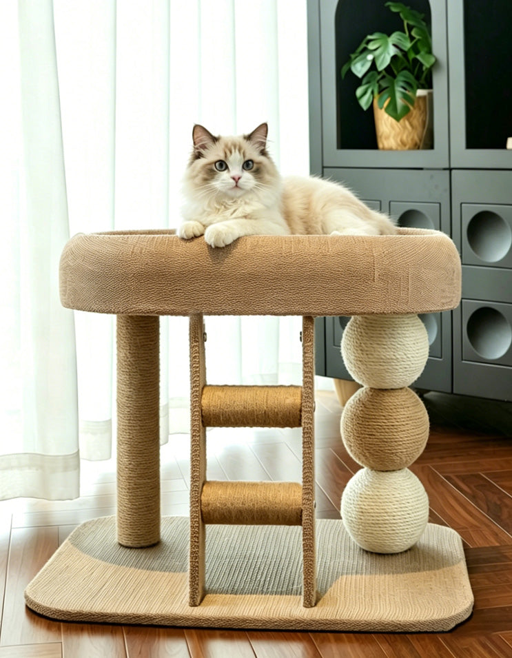Two versions of cat tree with linen mat and cooling bamboo mat for seasonal comfort