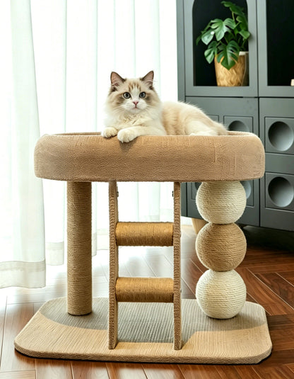Two versions of cat tree with linen mat and cooling bamboo mat for seasonal comfort