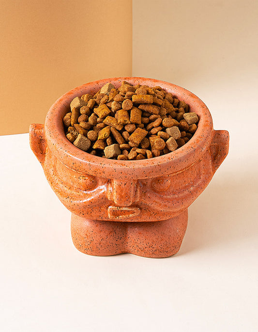 Elevated ceramic pet bowl in kiln-fired orange inspired by Sanxingdui mask design, supporting neck health for cats and dogs