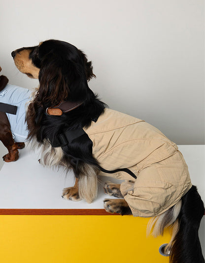 Brown CHISU SunTrail dog coveralls made from lightweight nylon fabric for outdoor adventures.