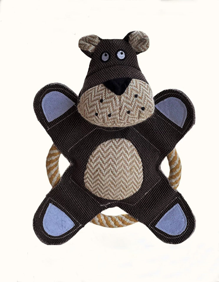 Brown dog shaped rope toy designed for chewing tug-of-war and fetch play