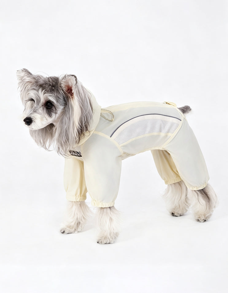 CHISUPET Sunveil butter yellow lightweight dog suit featuring breathable stretch fabric, quick-dry performance, and reflective safety details
