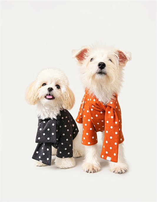 CHISUPET French polka dot dog romper with matching scarf. Made of 100% pure cotton, this 2-piece set offers soft four-leg protection for small dogs
