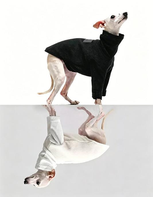 Dog wearing CHISU CozyFleece dual-layer fleece zip suit designed for warmth and comfort in cold weather.