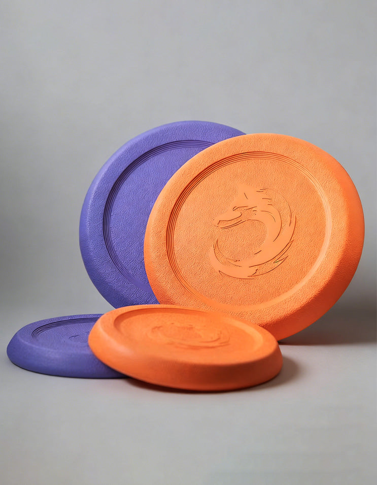 Close-up of textured non-slip edge and aerodynamic shape of EVA dog flying disc