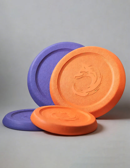 Close-up of textured non-slip edge and aerodynamic shape of EVA dog flying disc