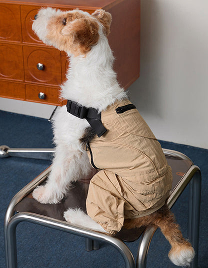 Dog wearing CHISU SunTrail lightweight dog coveralls in brown for outdoor comfort and protection.