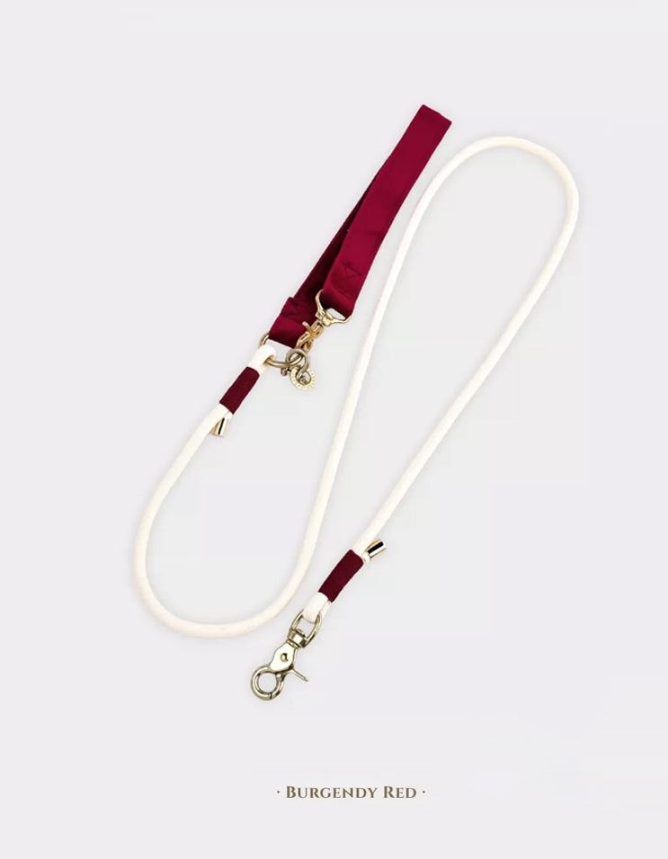 Burgundy CHISU VelvetWalk dog leash featuring rich velvet fabric, brass accents, and a timeless design.