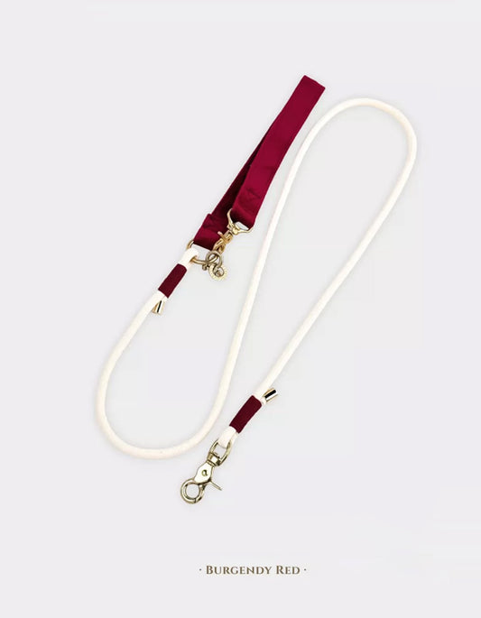Burgundy CHISU VelvetWalk dog leash featuring rich velvet fabric, brass accents, and a timeless design.