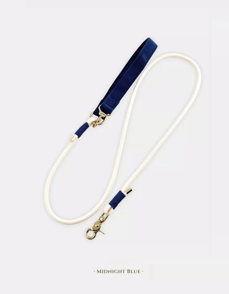 Close-up of the CHISU VelvetWalk dog leash in midnight blue with luxurious velvet texture and durable brass fittings.