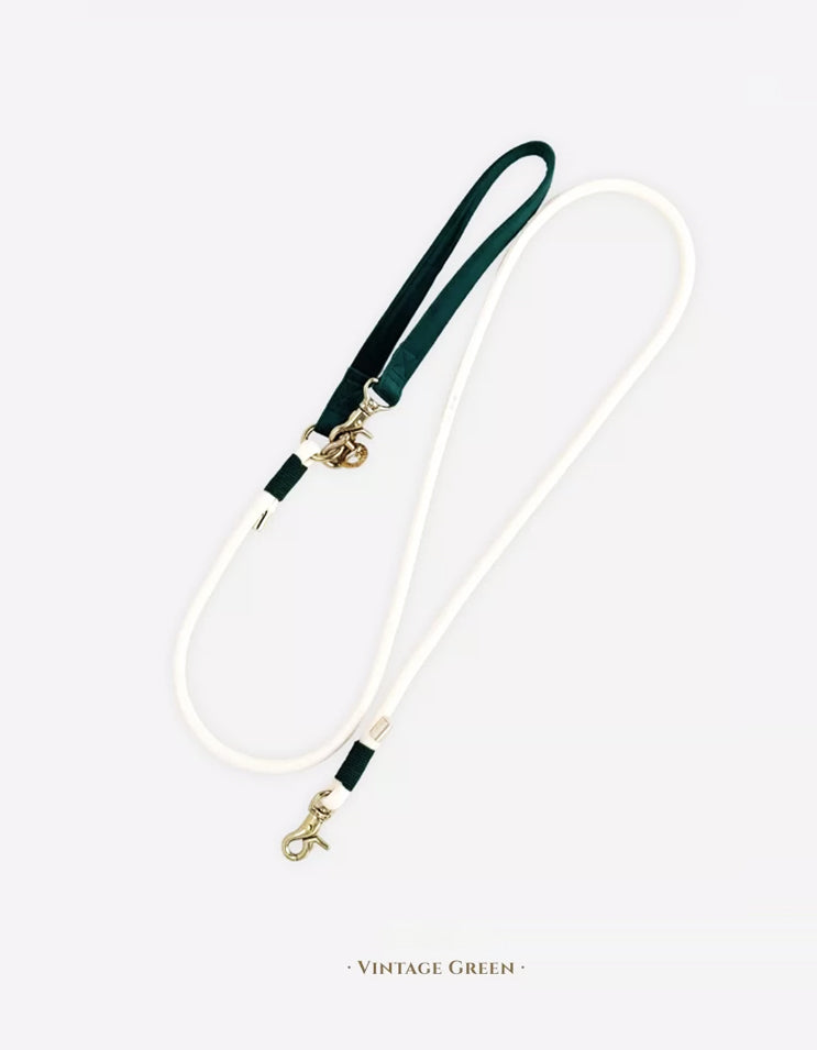 Close-up of the CHISU VelvetWalk dog leash in vintage green featuring soft velvet fabric and premium brass hardware.