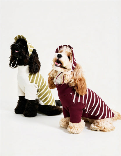 Two dogs wearing CHISUPET Classic striped dog T-shirt with soft stretch fabric and preppy style. Lightweight, comfortable, and perfect as an all-season everyday pet outfit.
