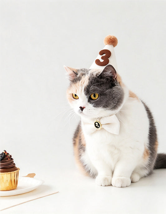 cat wearing soft felt birthday hat and matching collar accessory set for birthday celebration
