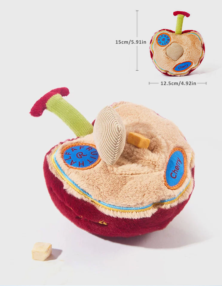 Cherry-shaped plush enrichment toy for dogs featuring sniffing and treat hiding functions