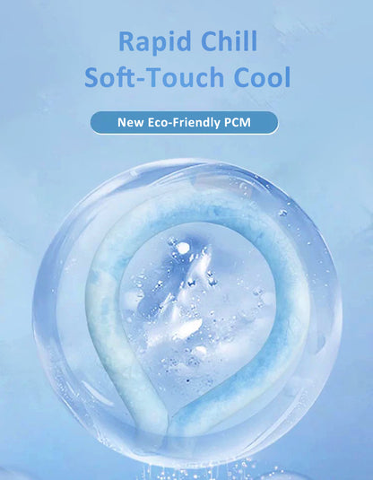 Dog wearing reusable cooling ice collar designed for summer heat relief and outdoor comfort