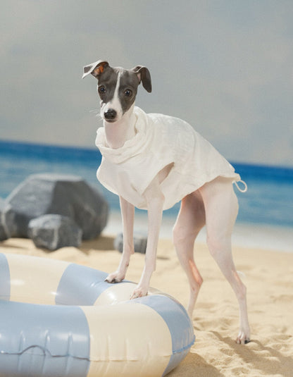 Dog wearing lightweight cooling vest with breathable fabric and UV protection design