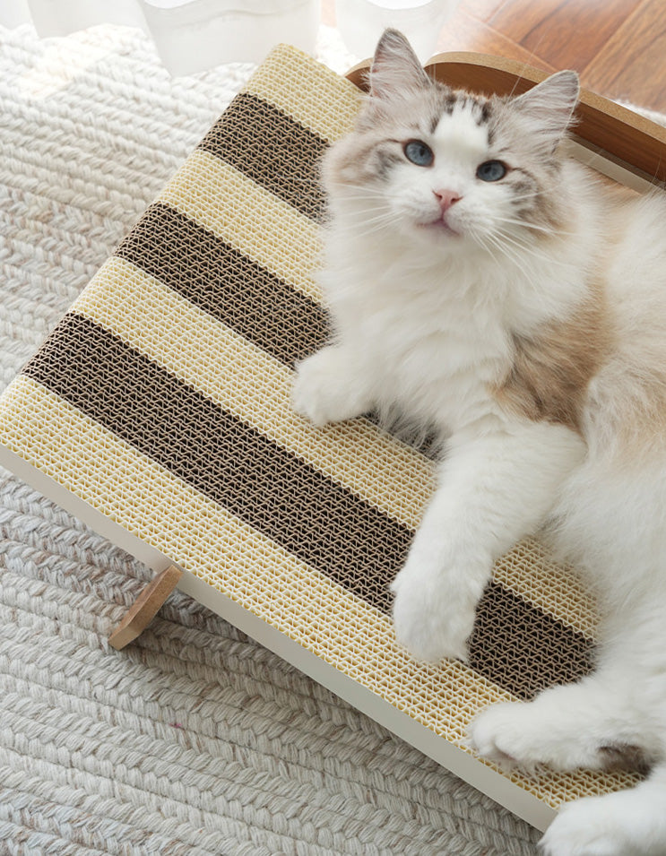 CHISUPET CozyCurve corrugated cat scratcher lounge with a relaxed cat comfortably resting on the curved surface