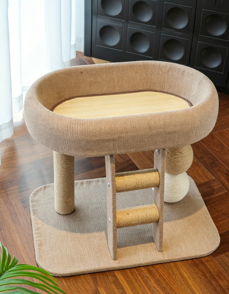 Cat curled up inside the built-in cat nest, resting comfortably