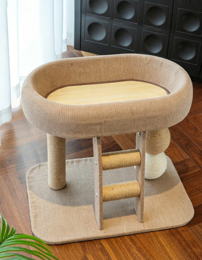 Cat curled up inside the built-in cat nest, resting comfortably