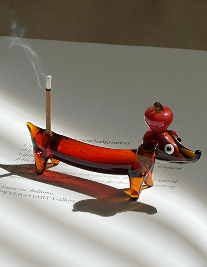 Handcrafted glass dachshund incense holder, elegant and playful home decor for aromatherapy lovers