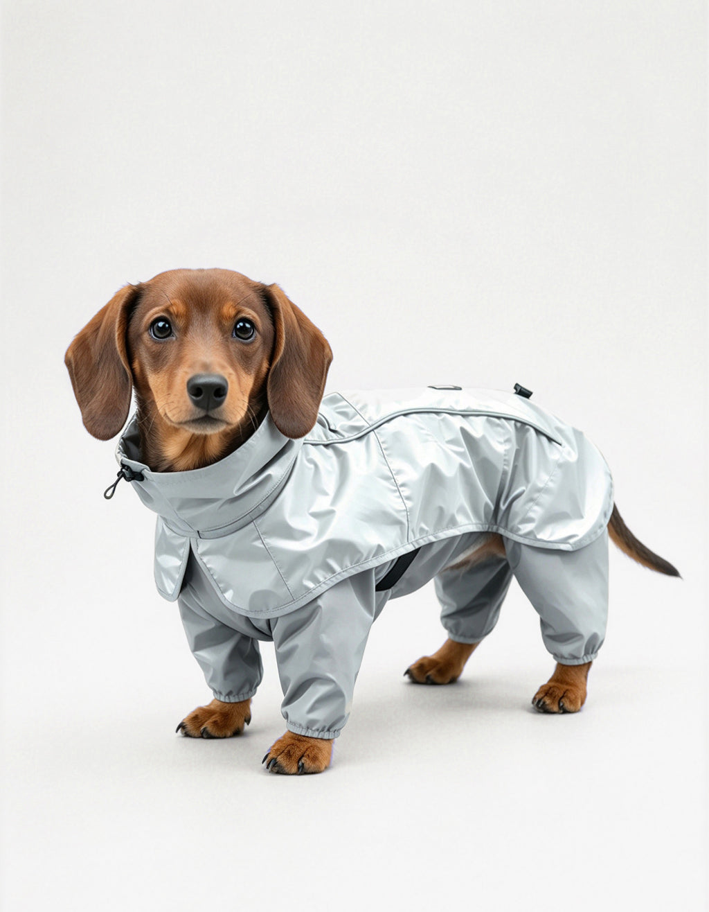 Dachshund wearing the CHISUPET TerraCape Outdoor Dog Set, designed for outdoor adventures and everyday protection.
