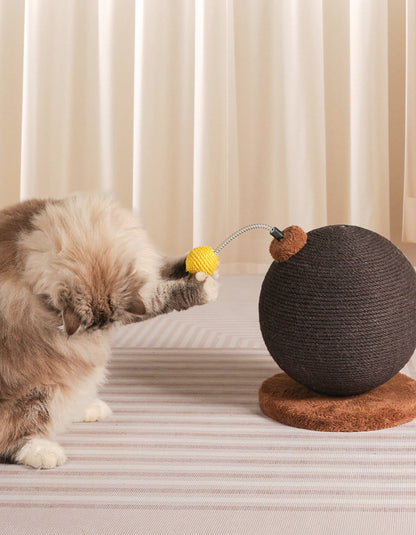 Cat stretching and scratching on playful shaped scratching post toy
